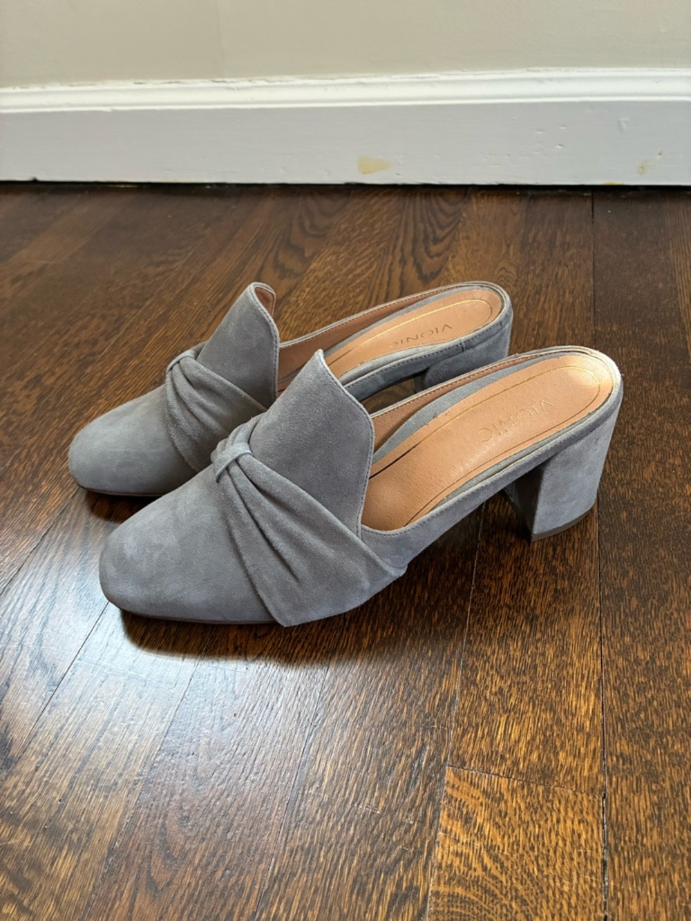 Vionic Gray Suede Block-Heel Mules